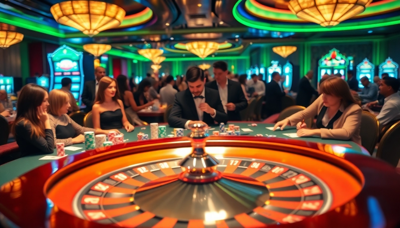Vibrant casino gaming scene representing excitement and professionalism at https://kjc.jp.net/ with engaging players, poker chips, and a roulette wheel.