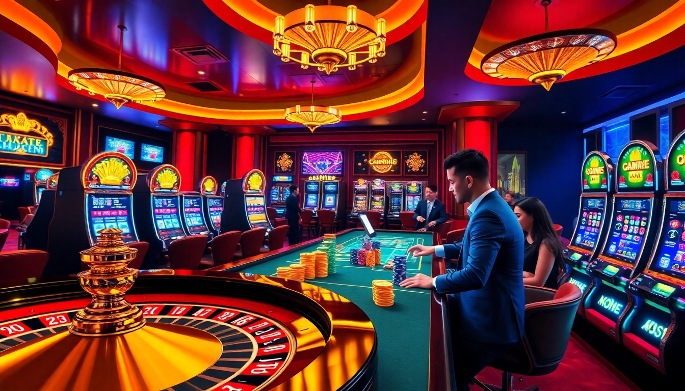 Players enjoying casino games at https://mm88.blog/ with vibrant roulette tables and slot machines.