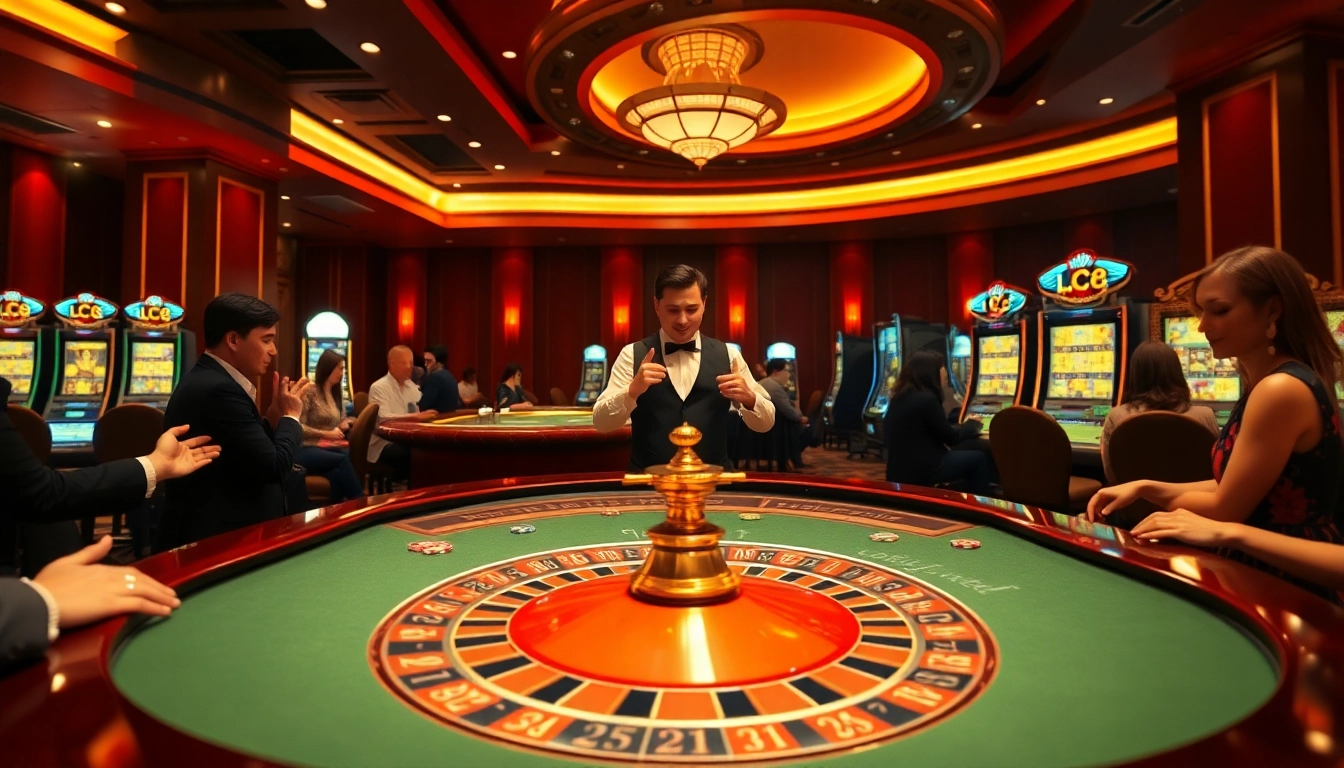 Experience the thrill of casino gaming with Trang chủ LC88, featuring an elegant roulette table and excited players.