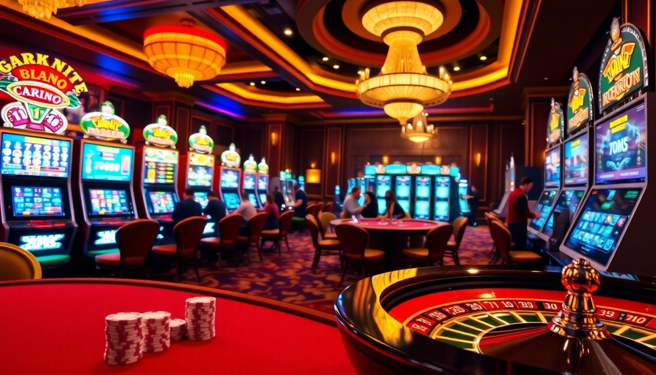 Players enjoying their time at 슬롯사이트 with colorful slot machines and poker chips.