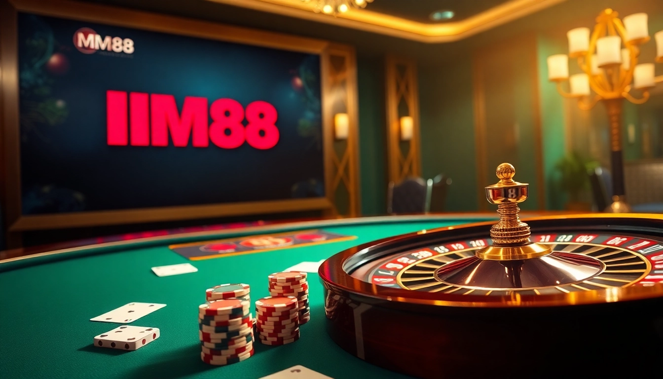Experience high-stakes action at MM88’s luxurious casino tables with vibrant poker chips.
