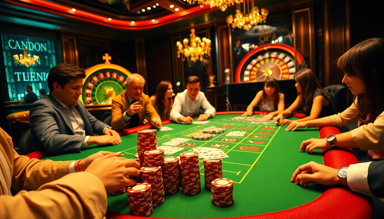 Exciting poker game at NHÀ CÁI MM88 featuring vibrant chips and elegant casino elements.