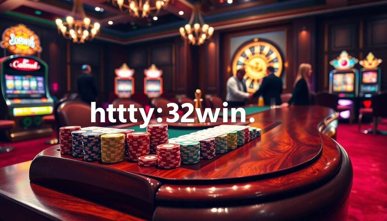 Experience the thrill of poker at https://32win.cool/, with vibrant chips and cards set at a luxurious table.