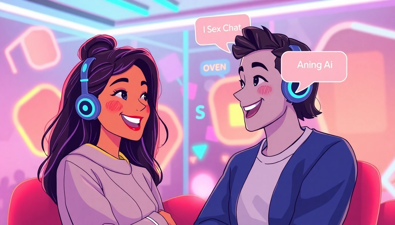 Engaging avatars in a flirtatious conversation during a sex ai chat in a vibrant virtual space.
