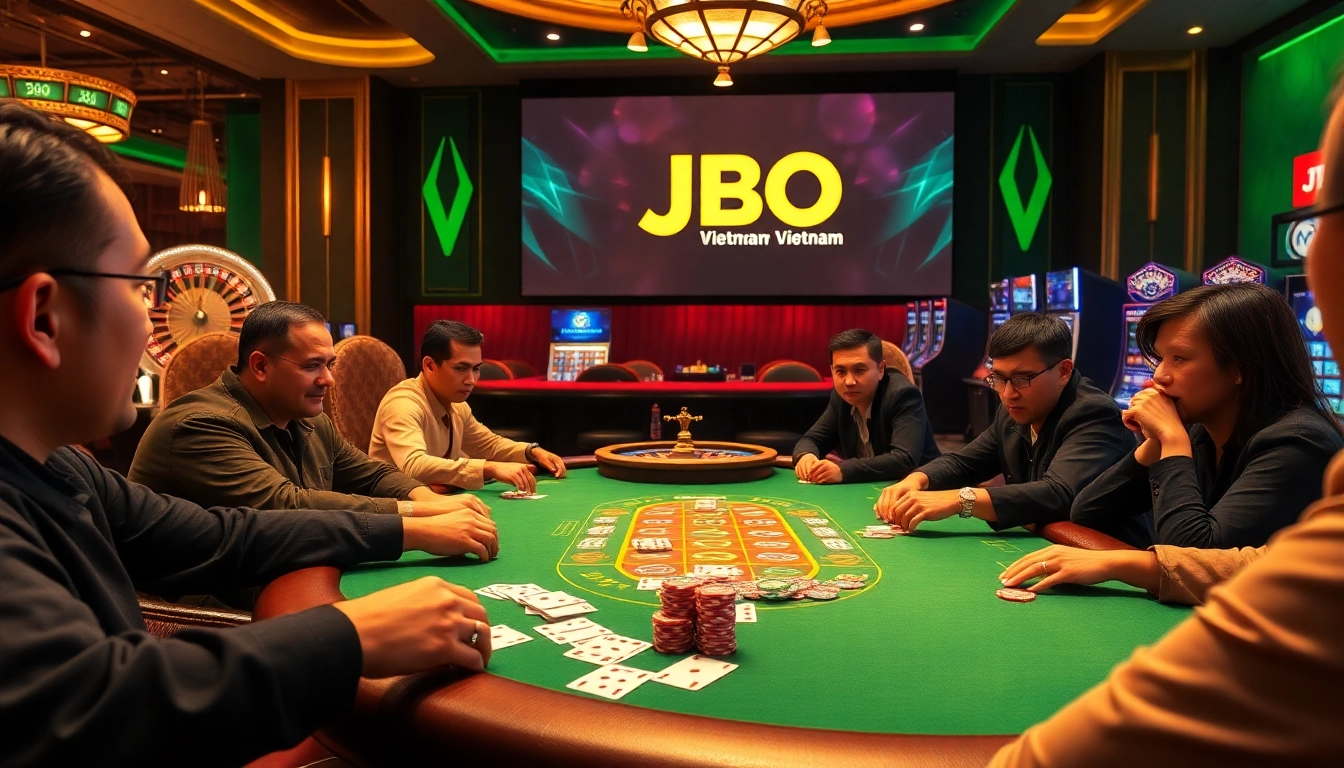 Players enjoying a professional poker game at JBO Vietnam, surrounded by vibrant casino elements.