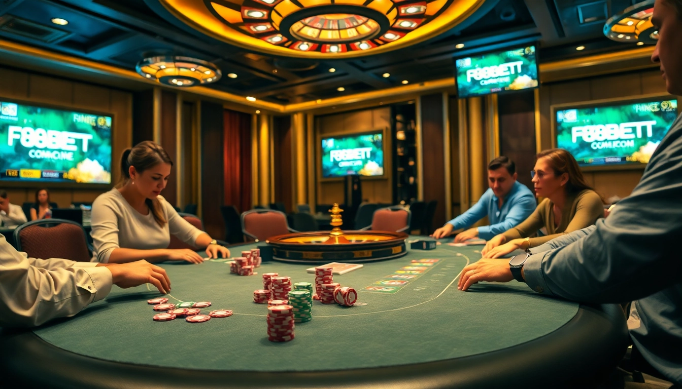 Winning strategy at F8BET COM poker table with vibrant chips and cards in a luxurious casino environment.