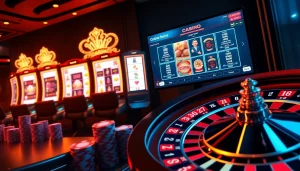 An engaging online gambling scene featuring https://okwin.blog/ with vibrant slot machines and a roulette wheel.