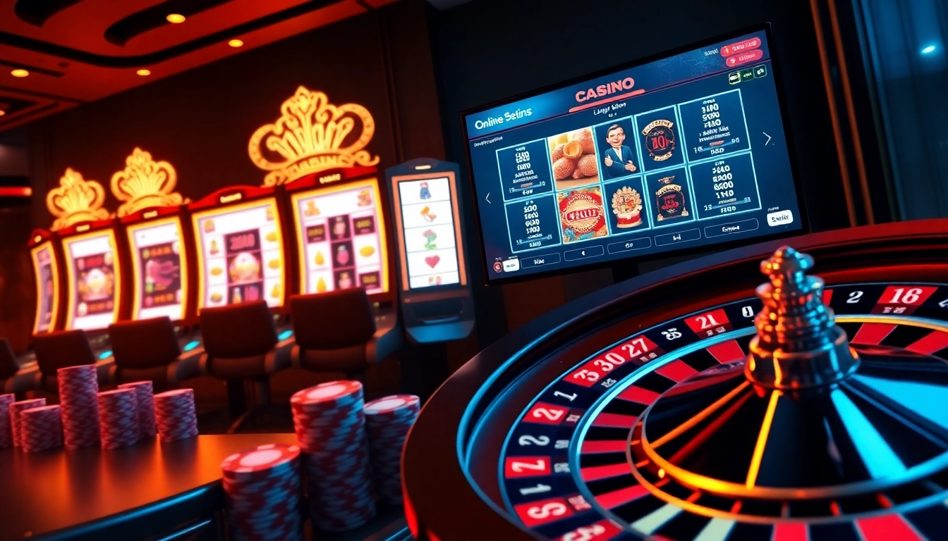 An engaging online gambling scene featuring https://okwin.blog/ with vibrant slot machines and a roulette wheel.