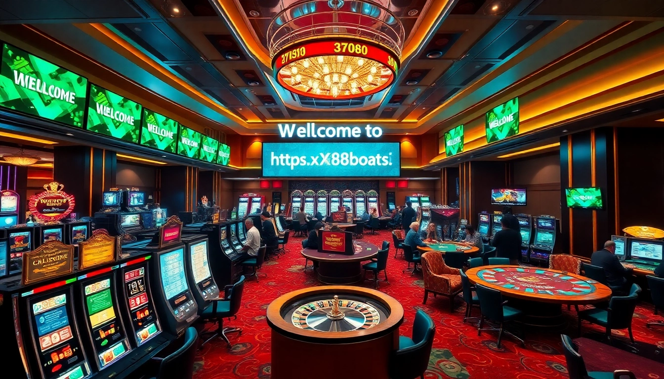 Engaging casino atmosphere at https://xx88.boats/, featuring vibrant slot machines, roulette, and poker tables.