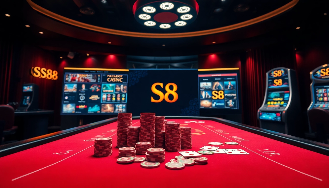 S8 Casino experience with tables, cards, and roulette highlighting luxury and excitement in gambling.
