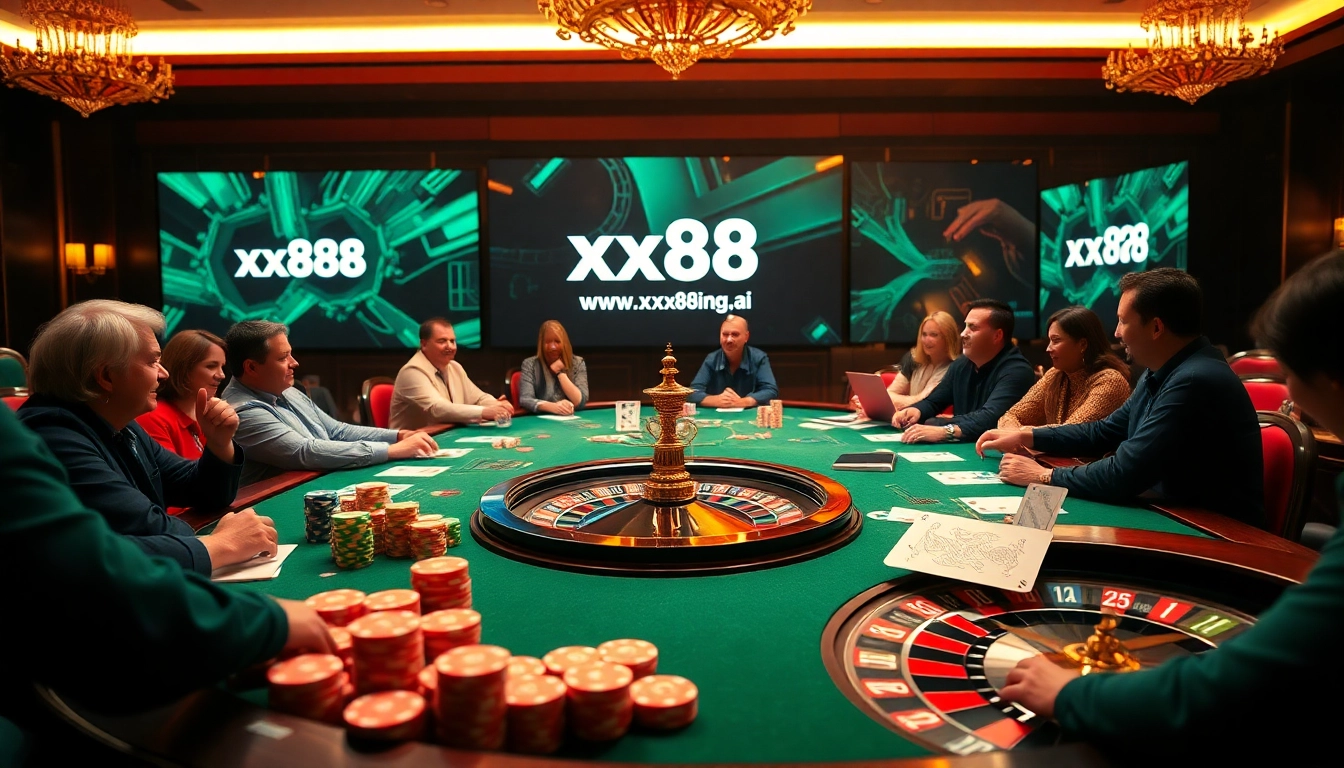 Exciting poker game scene at https://xx88.ai/ with players, chips, and a roulette wheel.