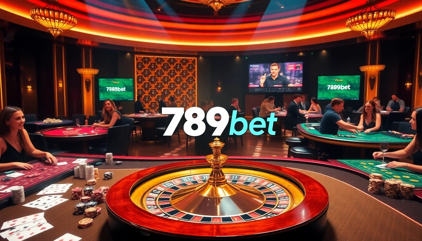 Exciting gaming scene at a luxury casino with 789bet branding, roulette, tables, and players.