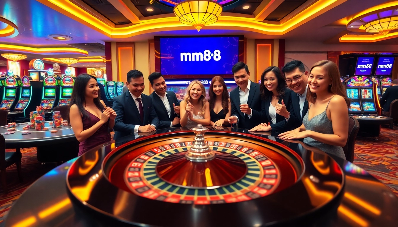 mm88 gamblers enjoy an exciting roulette game at a luxurious casino table.