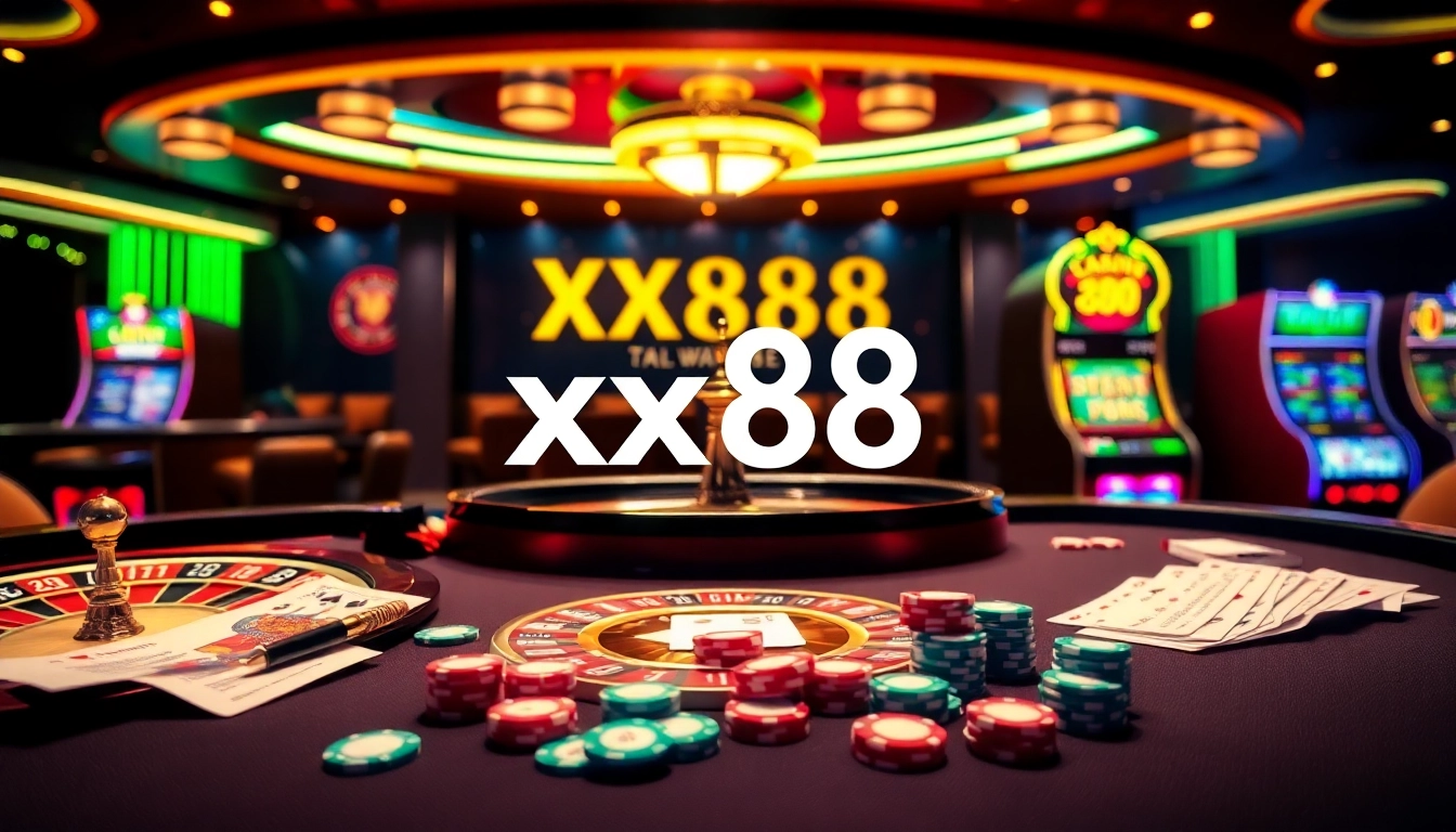 Experience thrilling gambling action at xx88, showcasing dynamic poker tables and vibrant slot games.