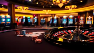 Exciting gambling scene at MM 88 with luxurious poker table and roulette wheel.