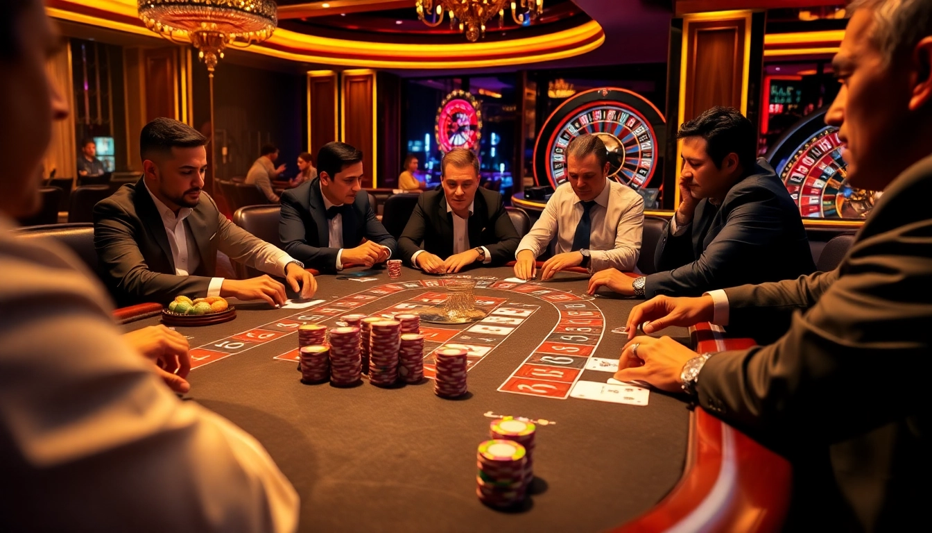 High-stakes poker players at a KJC Gaming table, embodying luxury and excitement in a casino.