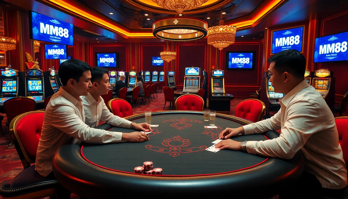 Experience the excitement at https://mm88.how/ with players engaged in high-stakes poker in a luxurious casino setting.