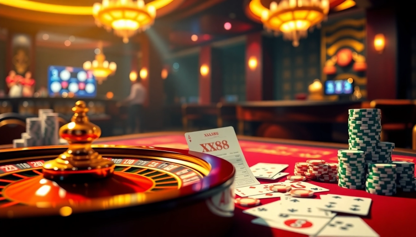 Players celebrating a win at XX88 with poker chips and roulette wheel in an elegant casino setting.