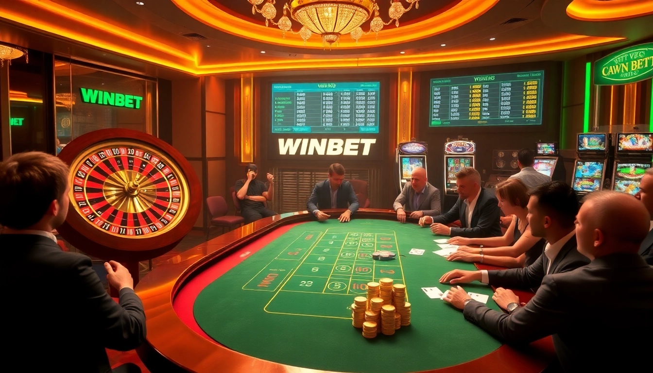 Players enjoying a high-stakes game at WINBET casino, celebrating big wins with excitement.