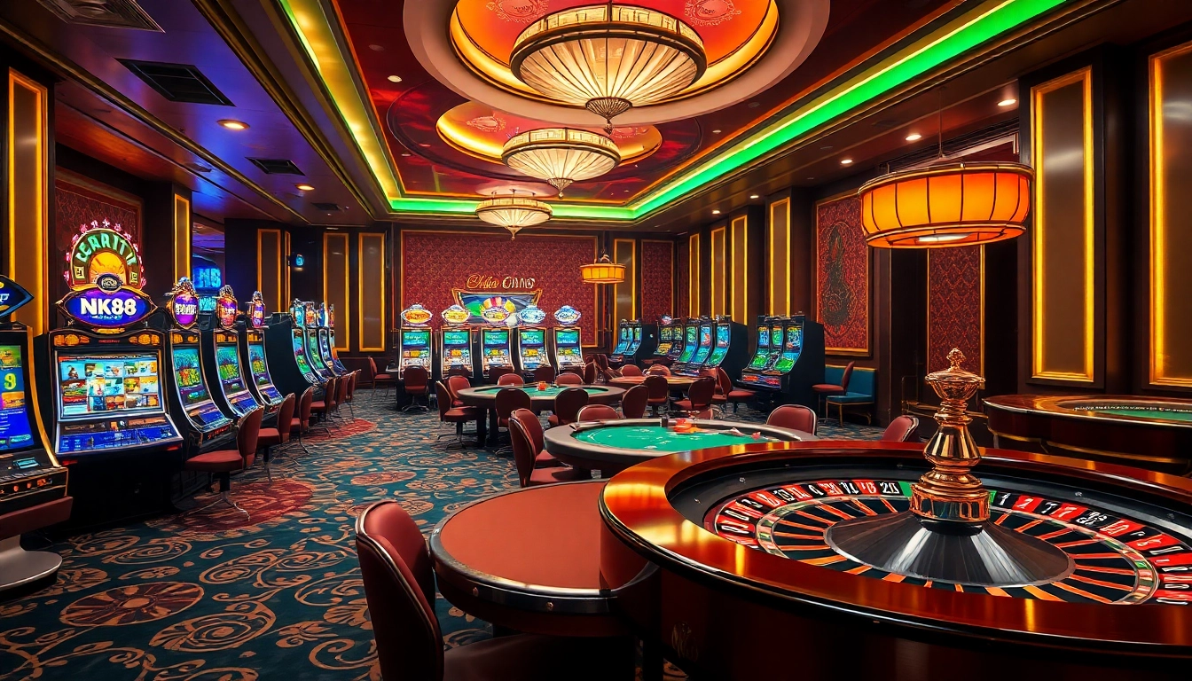 NK88 engaging gambling atmosphere with vibrant slot machines and poker tables in an upscale casino setting.