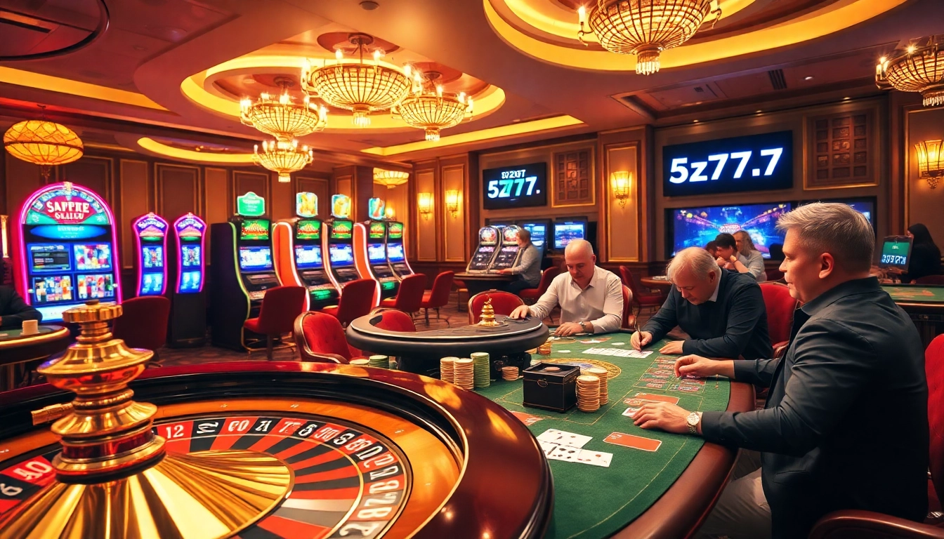 A thrilling gaming experience at the casino featuring the keyword 5z777 with roulette, cards, and chips.