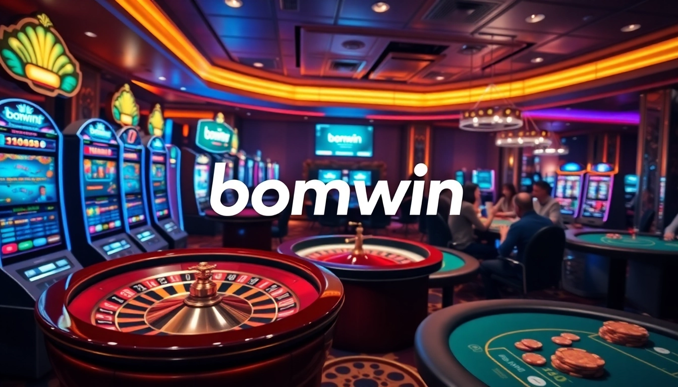 Exciting view of bomwin online casino with vibrant slot machines and poker tables.