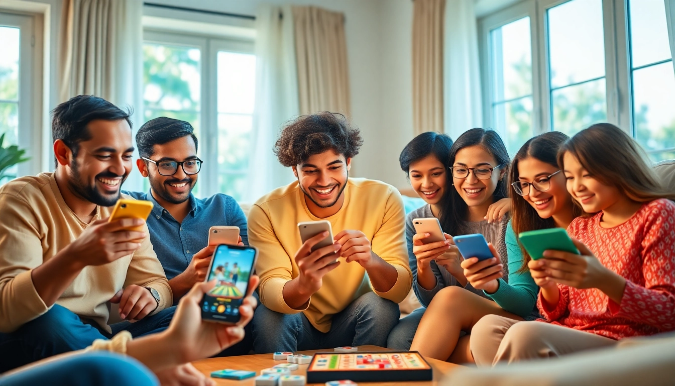 Engaging friends playing yono games on smartphones in a cozy living room.