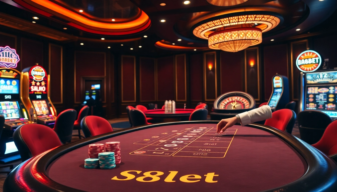 F8bet gaming table with vibrant chips and glamorous dealer in high-end casino.