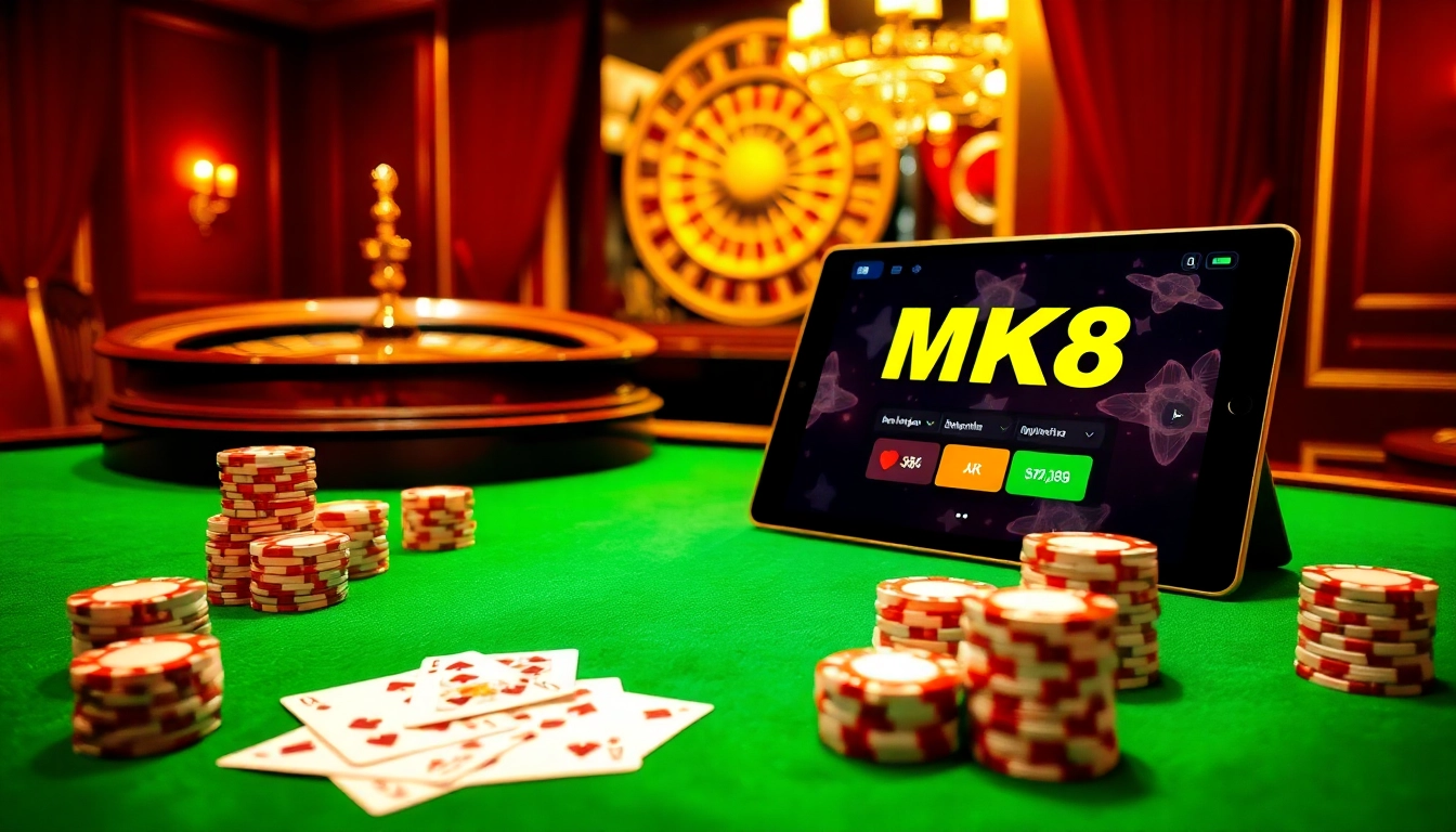 Experience the excitement of สมัคร MK8 with vibrant poker chips and an elegant roulette wheel.