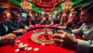 Excited gamblers playing at a roulette table, featuring Link GG88 prominently on a smartphone.