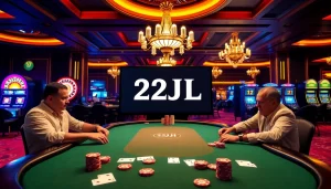 Engaging players at a 22JL poker table amidst a luxurious casino setting.