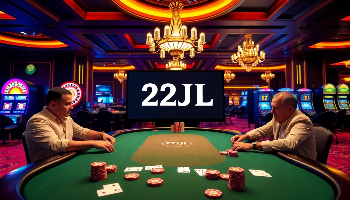 Engaging players at a 22JL poker table amidst a luxurious casino setting.