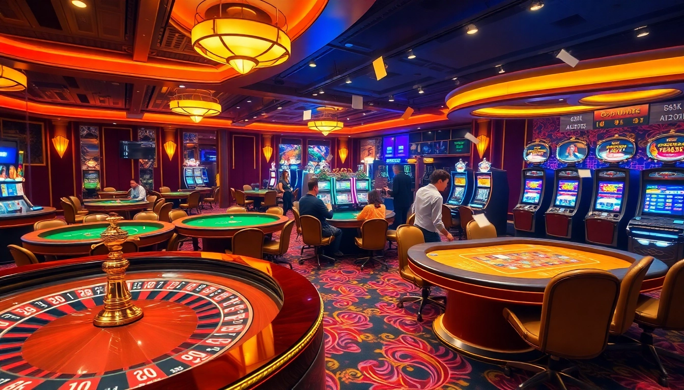 Excited players enjoying the bk8thai casino experience amidst vibrant gaming tables and atmosphere.