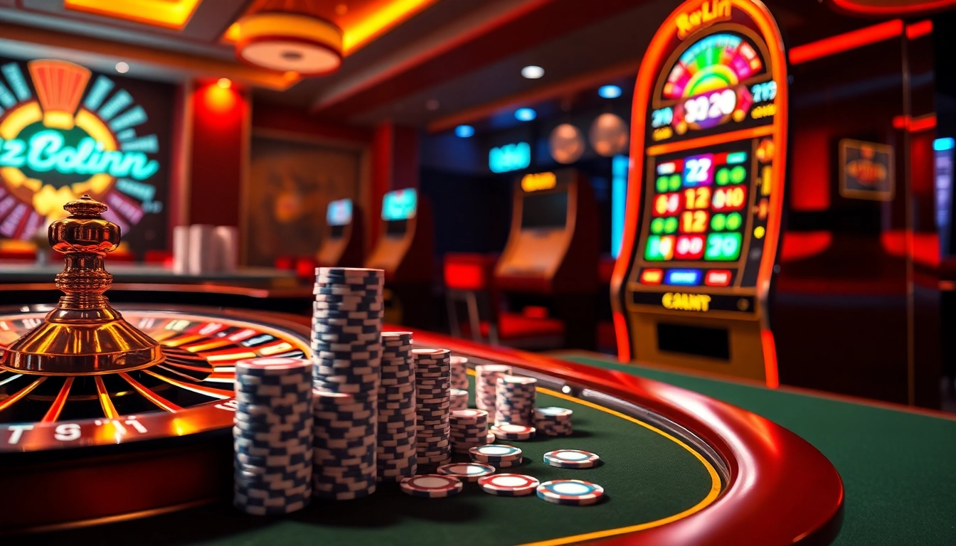 Experience the thrill of gambling with the 32WIN Link in a luxurious casino setting featuring roulette wheels and poker chips.