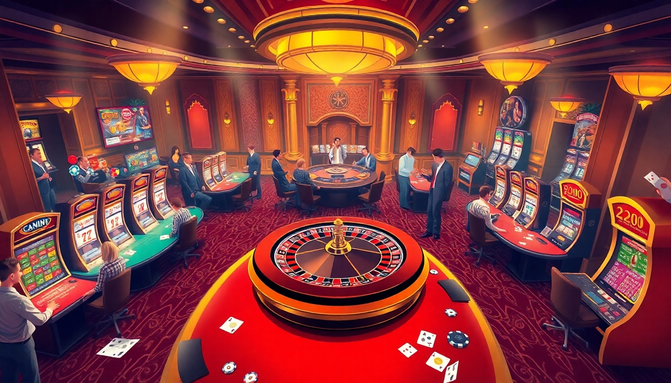 Exciting casino scene at https://dn882.pro/ featuring roulette, poker tables, and vibrant slot machines.