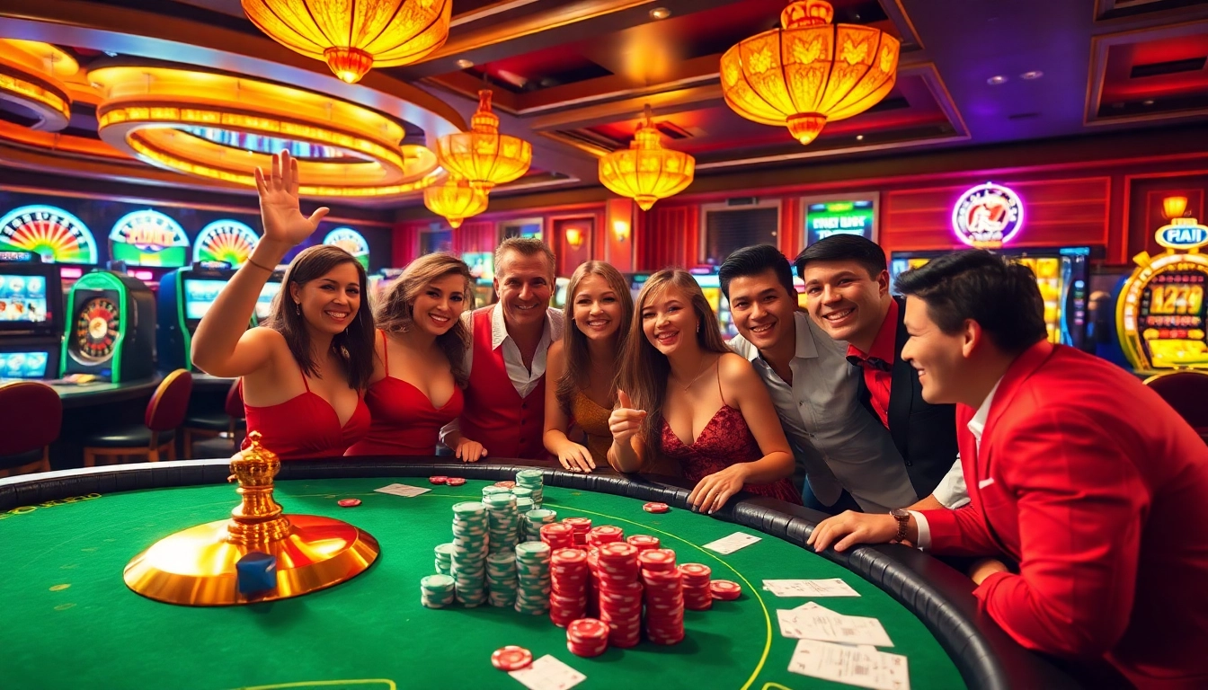Hitclub patrons celebrating a big win at luxury casino tables surrounded by vibrant slot machines.