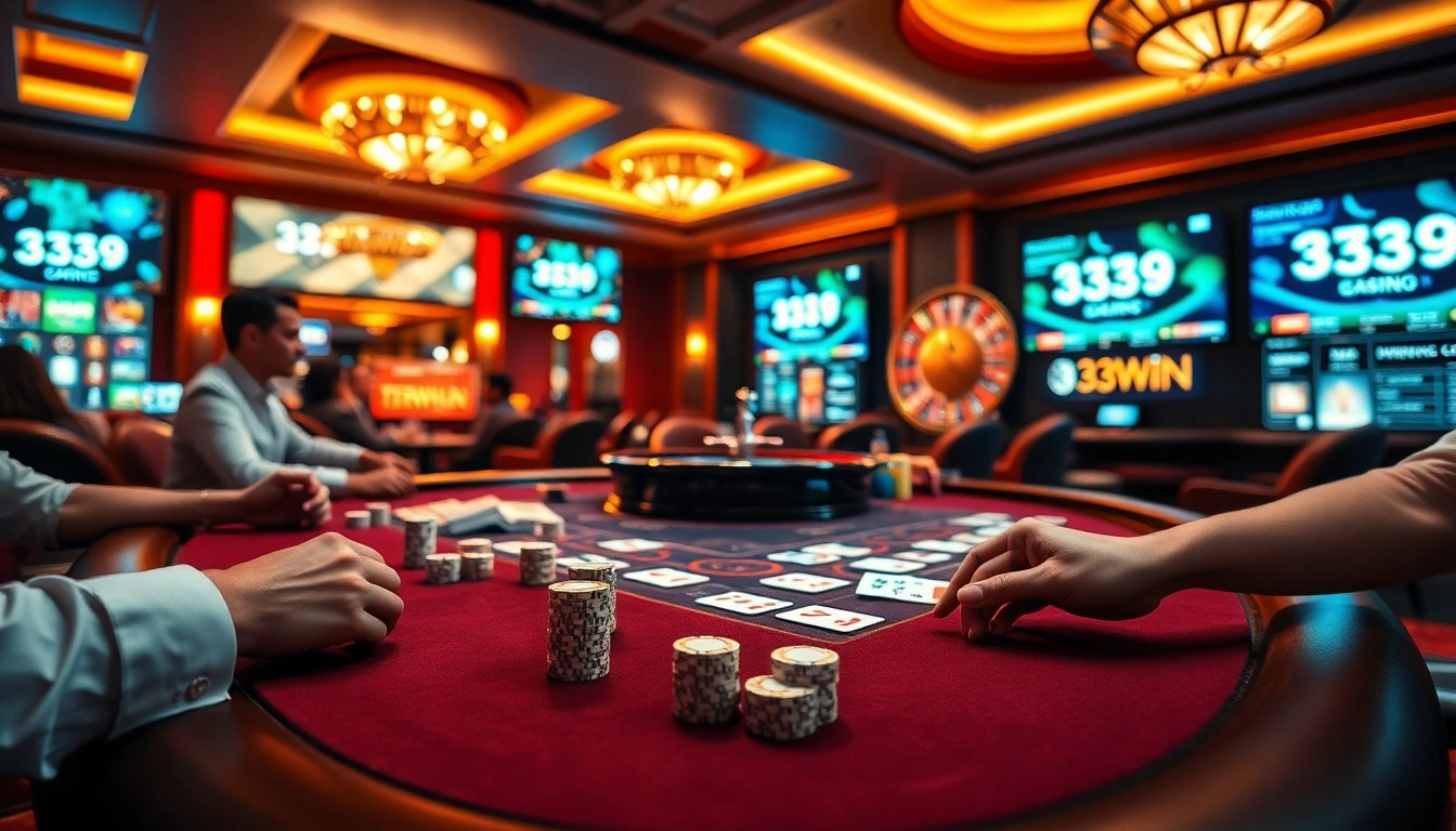 Engaged players enjoy a thrilling blackjack game at 33WIN casino, surrounded by vibrant casino elements.