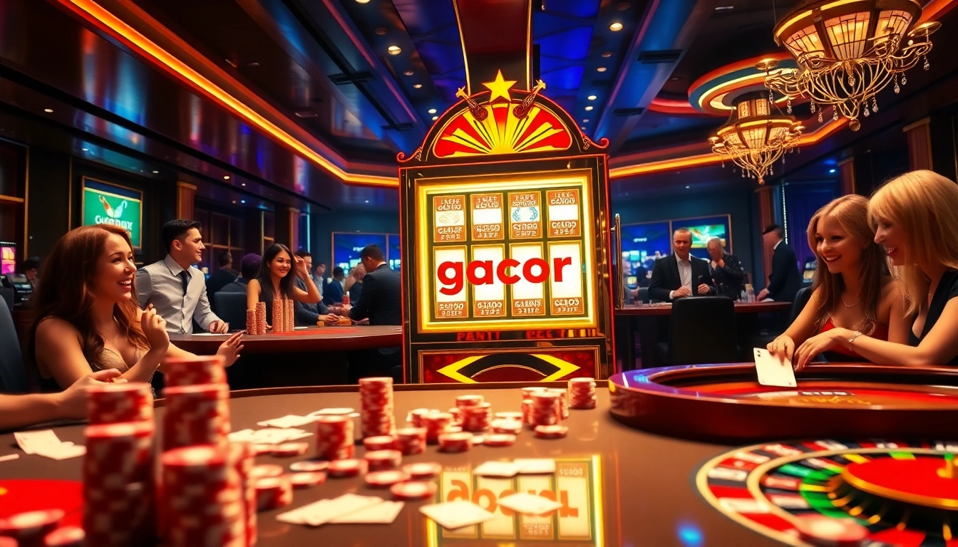 Players celebrating wins at a gacor slot machine in a vibrant casino setting.