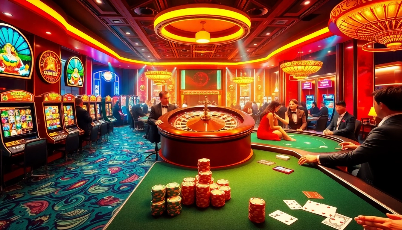 Experience thrilling gameplay at 98Win, featuring vibrant casino elements like poker chips, tables, and slot machines.
