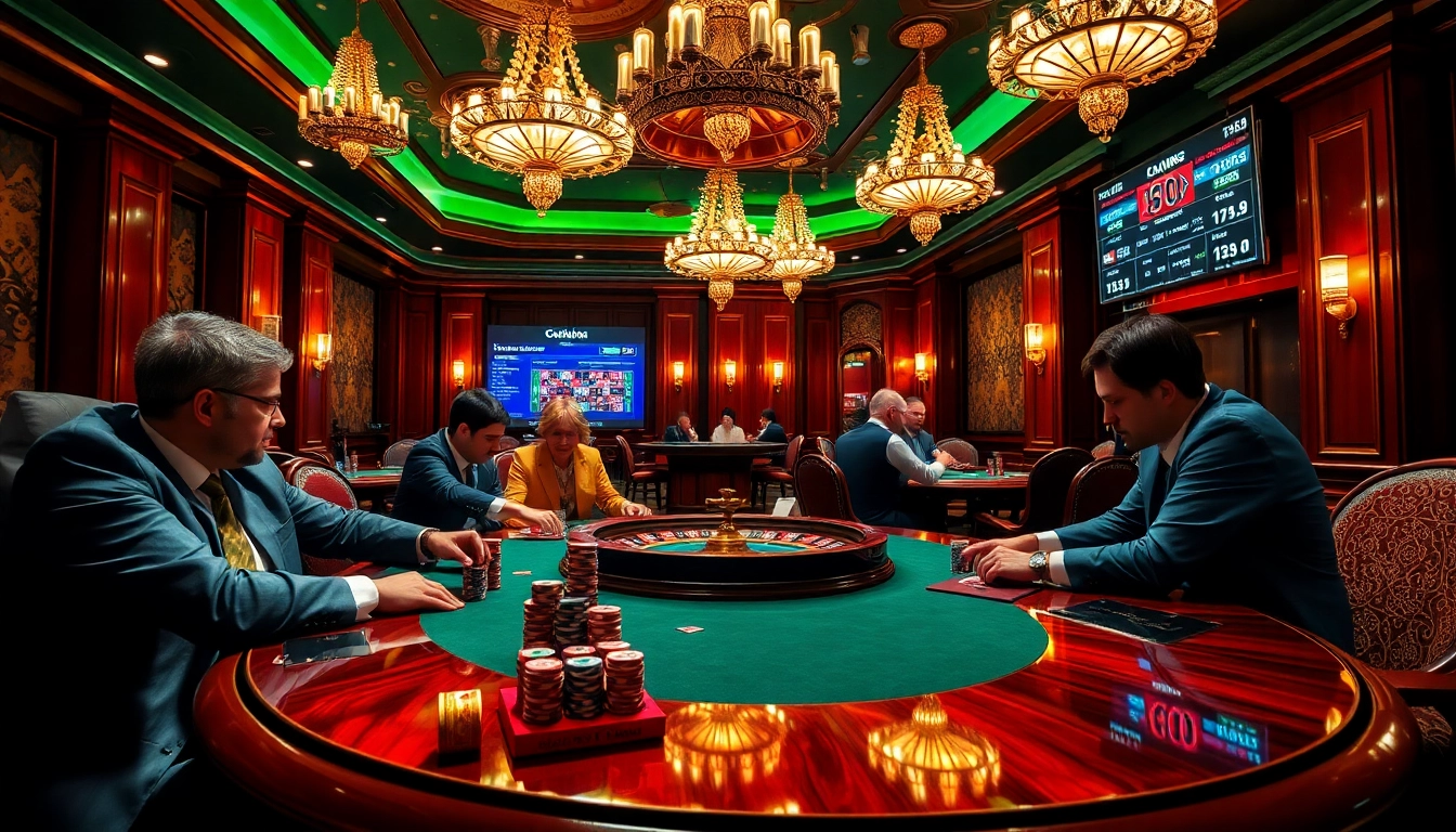 The luxurious casino interior captures the excitement of gambling at s8 poker tables under elegant chandeliers.