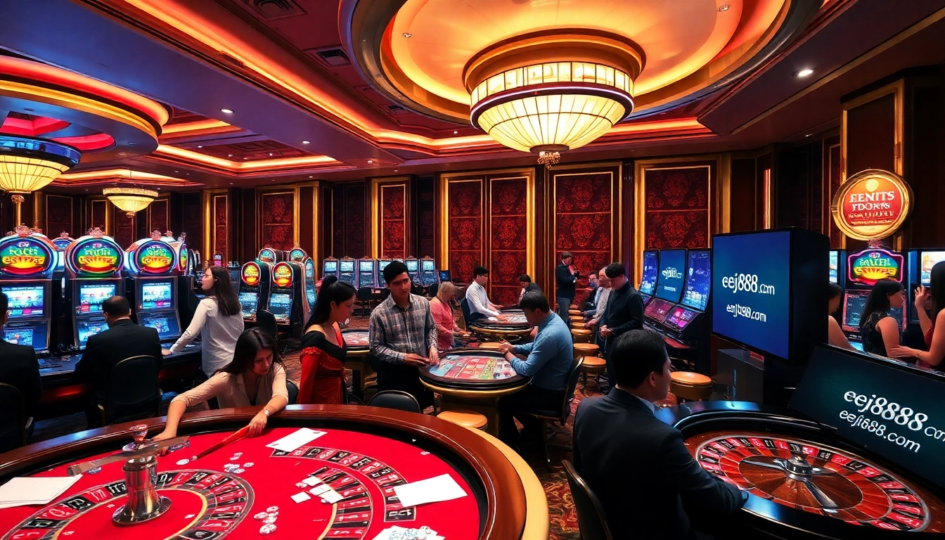 Engaged players at a luxurious casino, highlighting eejl88888 com's vibrant gaming environment.