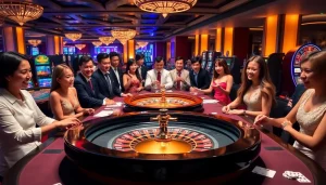 Engaging players enjoy a thrilling baccarat game at LC88 with vibrant casino elements.
