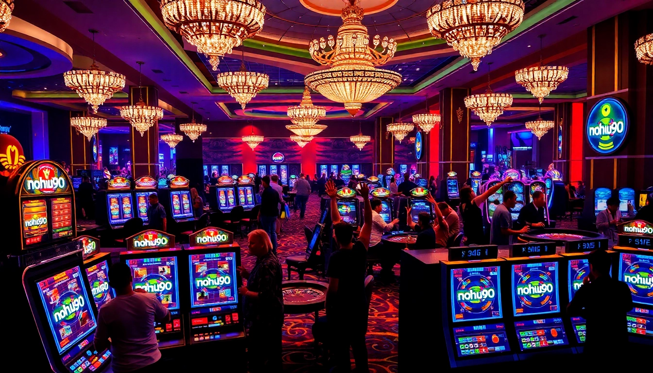 Players winning at nohu90 slot machines in a vibrant, luxury casino setting