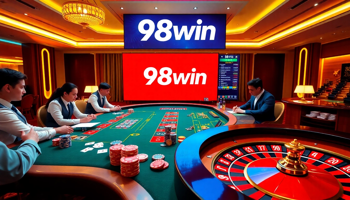 Gamblers enjoying exciting gameplay with 98win branding in a luxurious casino setting.