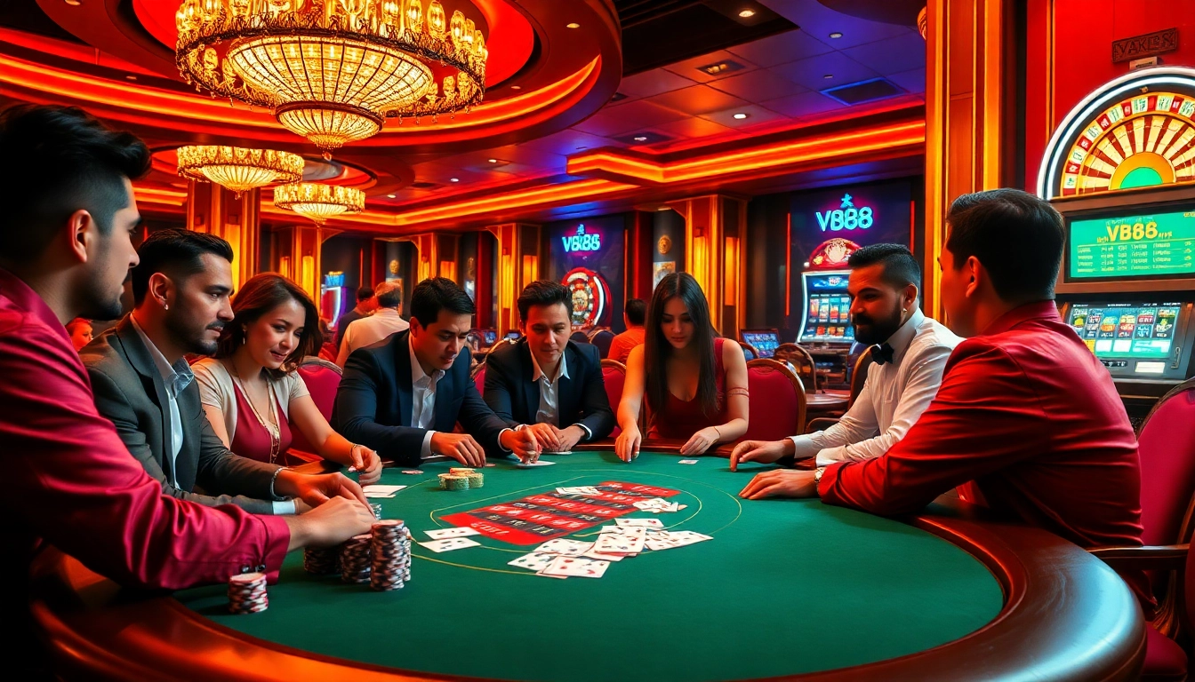 Experience the excitement of VB88 with vibrant poker action at a luxurious casino table.