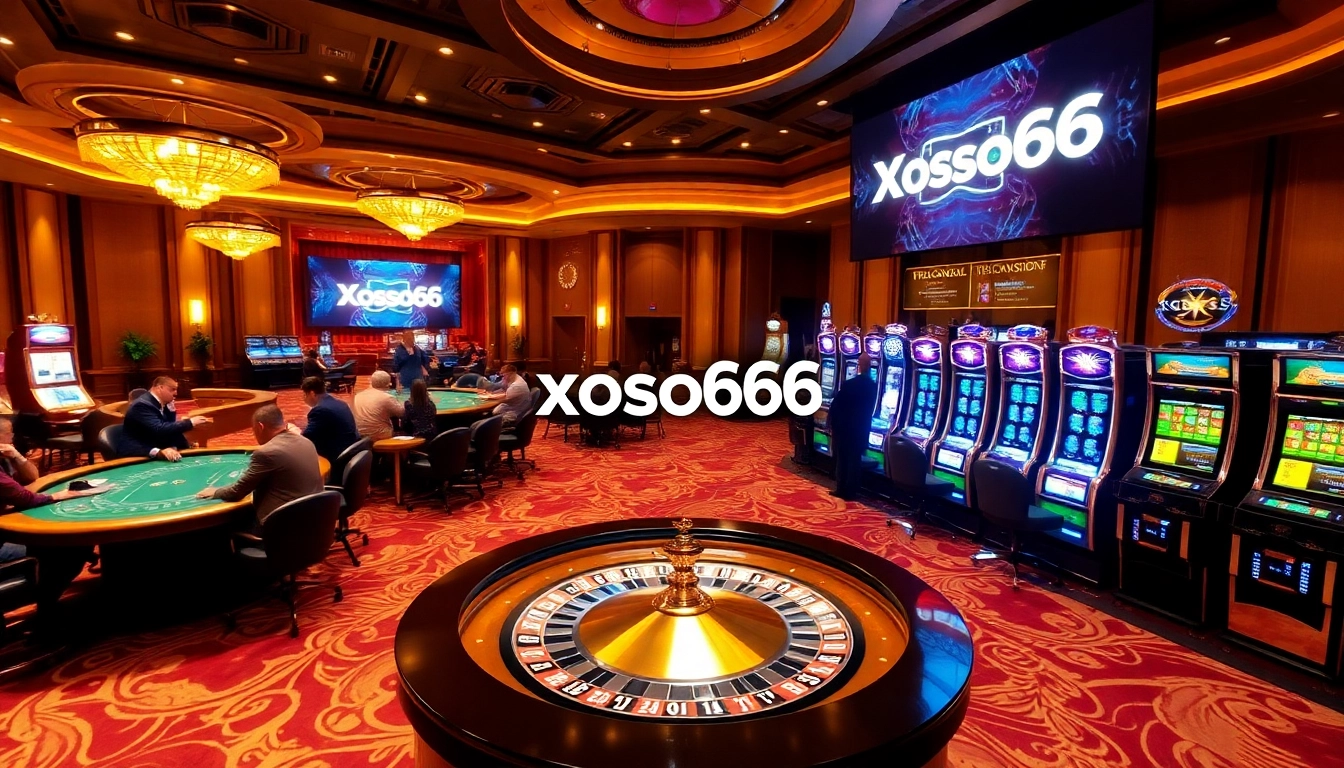 Players engage with a luxurious casino atmosphere at xoso66, featuring roulette and poker.