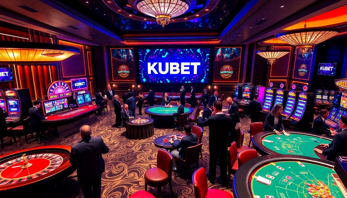 KUBET casino scene featuring elegant tables, poker chips, and a vibrant roulette wheel, capturing the excitement of gambling.