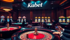 Kubet casino scene with engaged players at roulette and poker tables, showcasing the thrill of gambling.