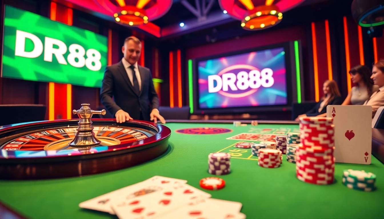 Engage with excitement at DR88, featuring vibrant casino tables, roulette wheels, and poker action.
