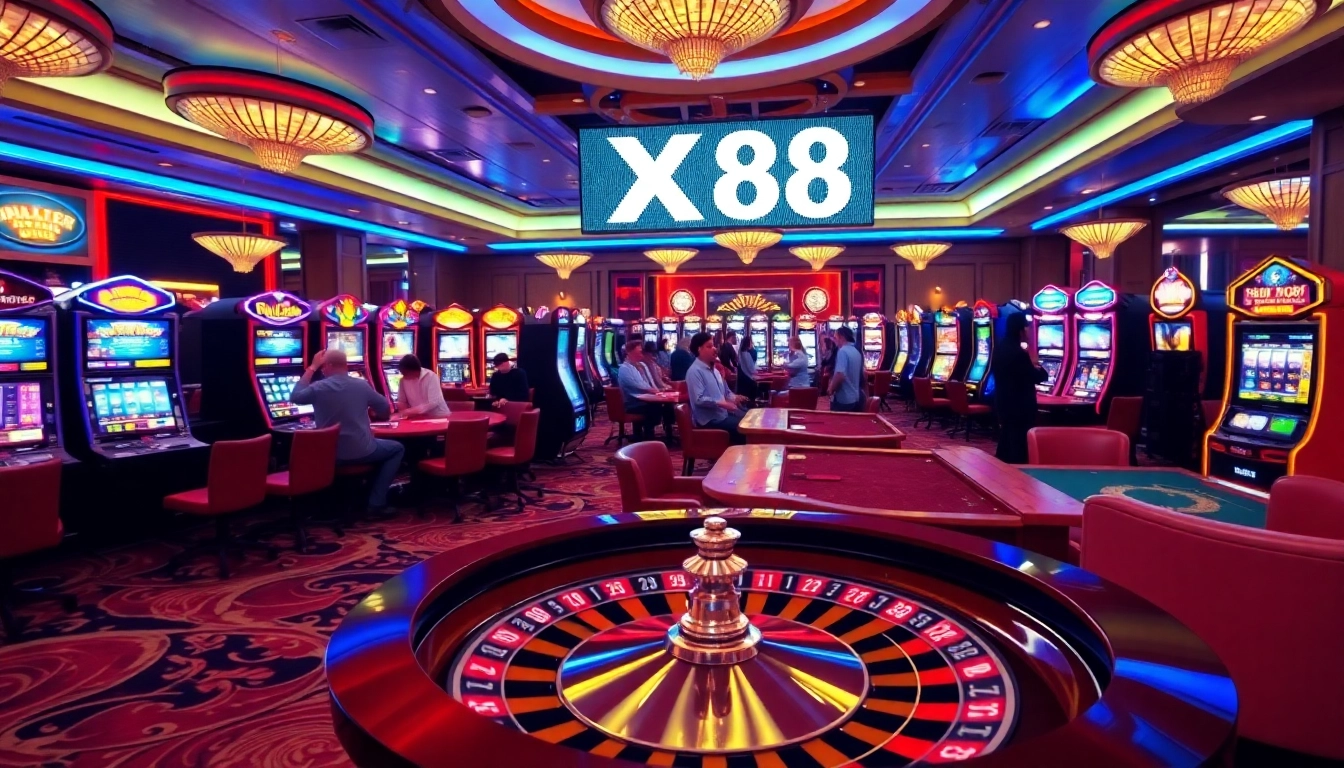 Experience the thrill of XX88 gaming with vibrant casino tables and spinning roulette wheels.